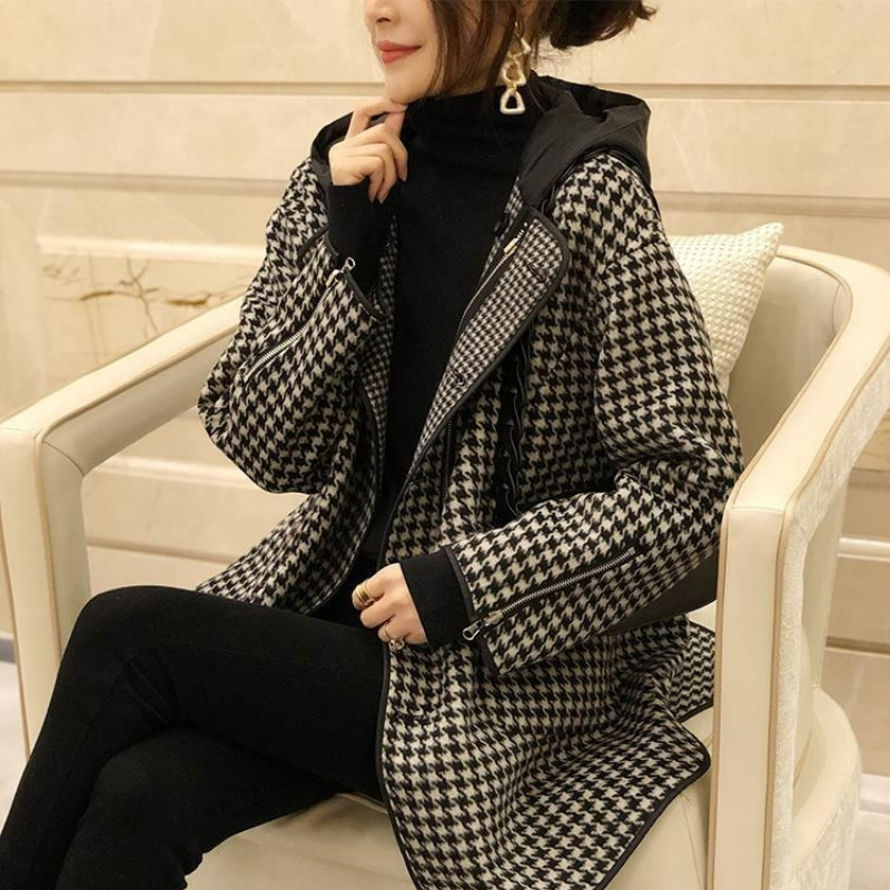 時尚寬鬆顯瘦連帽千鳥格中長毛呢外套-Cicimode