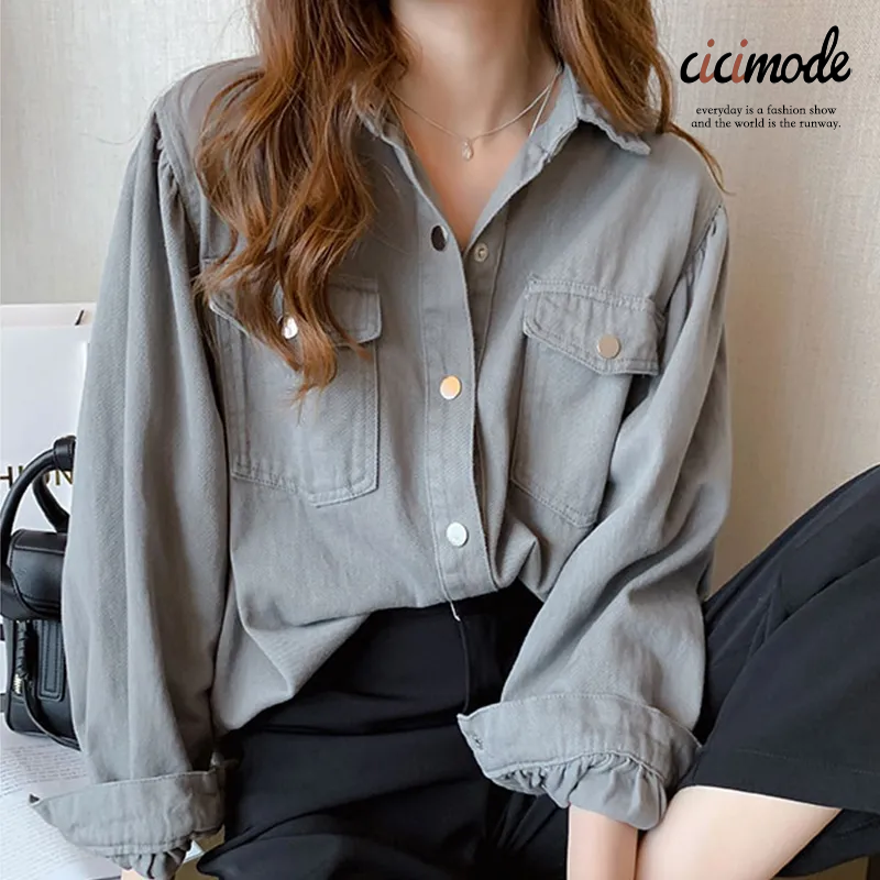 時尚設計感小眾上衣寬鬆長袖牛仔襯衫-Cicimode