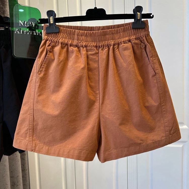 純棉鬆緊腰寬鬆休閒高腰闊腿口袋短褲