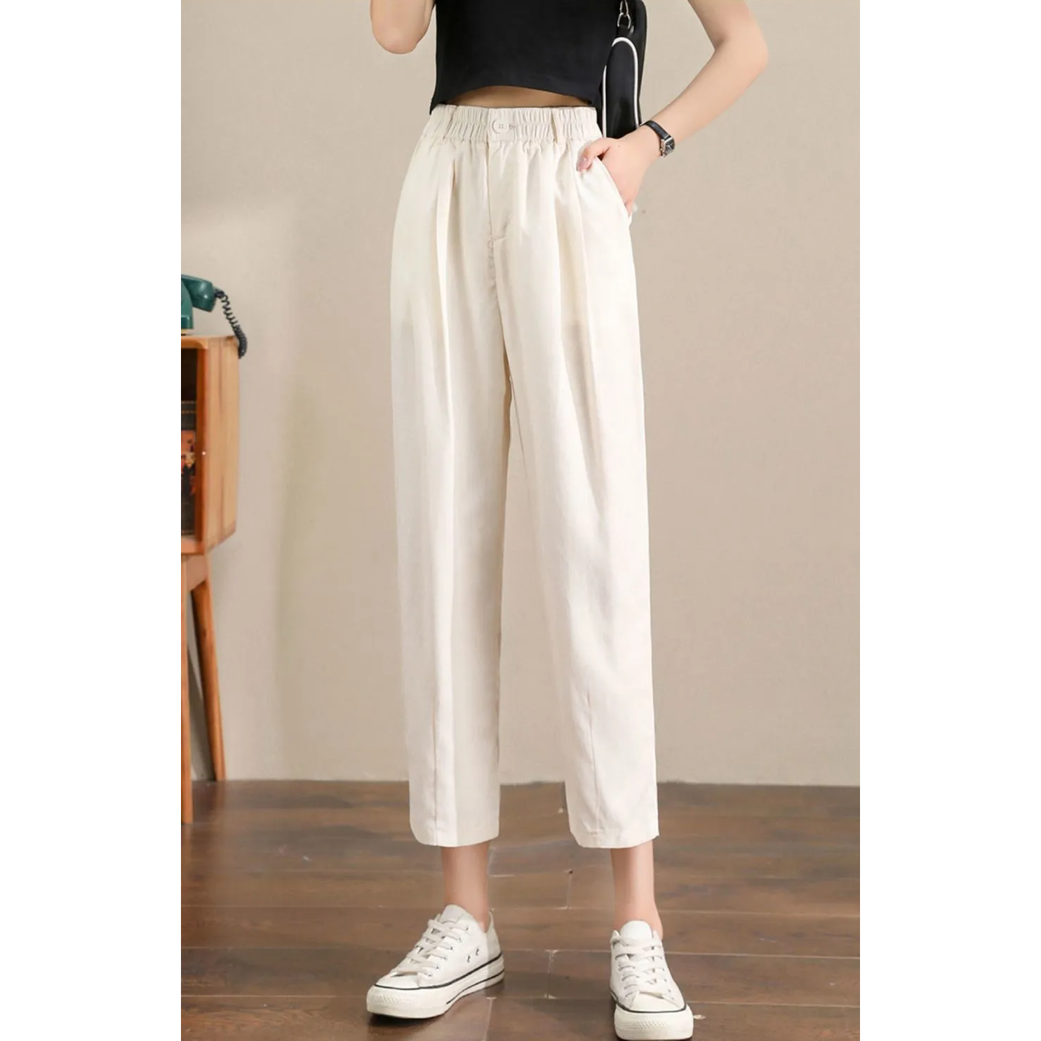 天絲棉麻薄款顯瘦遮肉透氣哈倫九分褲-Cicimode