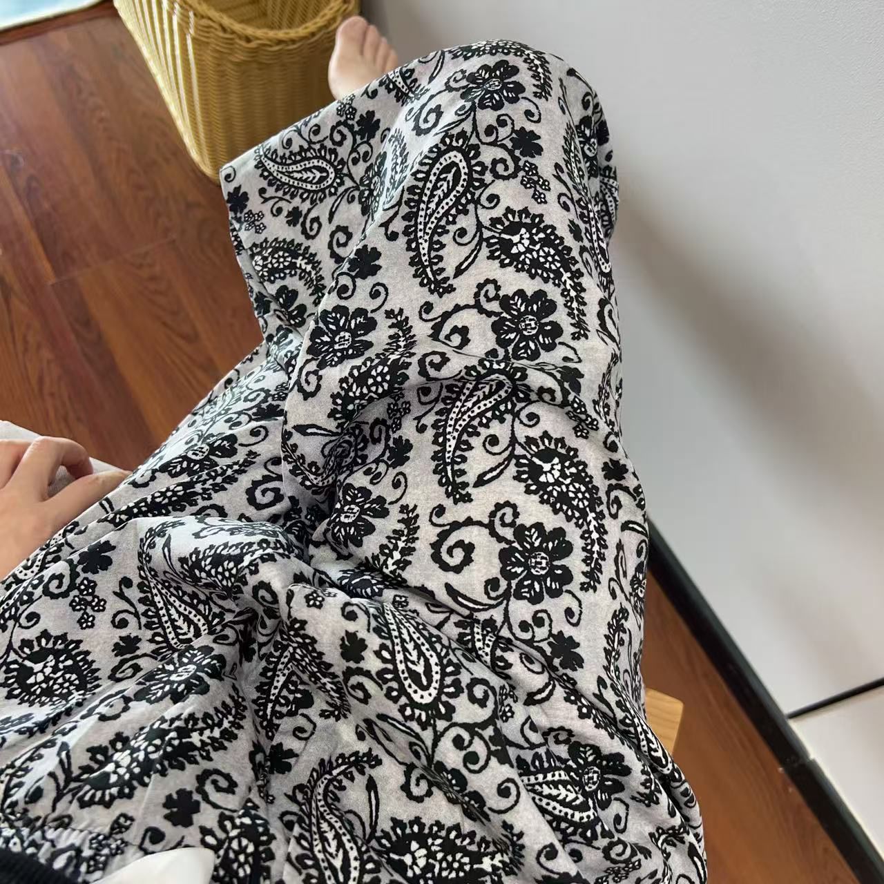 甜美印花波西米亞吸濕排汗寬鬆休閒闊腿九分褲