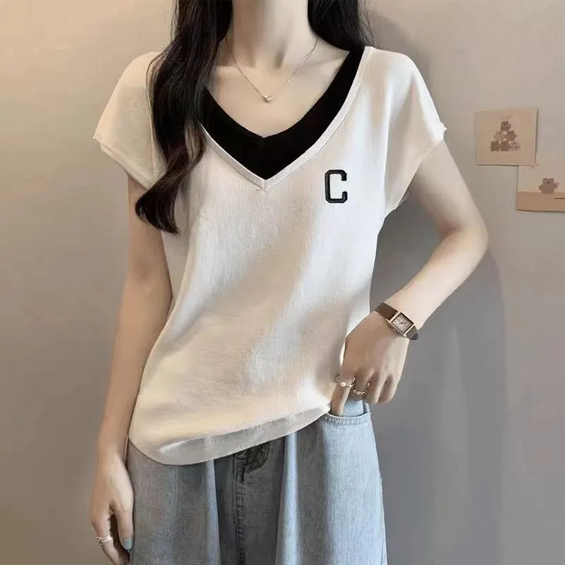 純棉多款式洋氣寬鬆大碼顯瘦V領假兩件短袖T恤-Cicimode