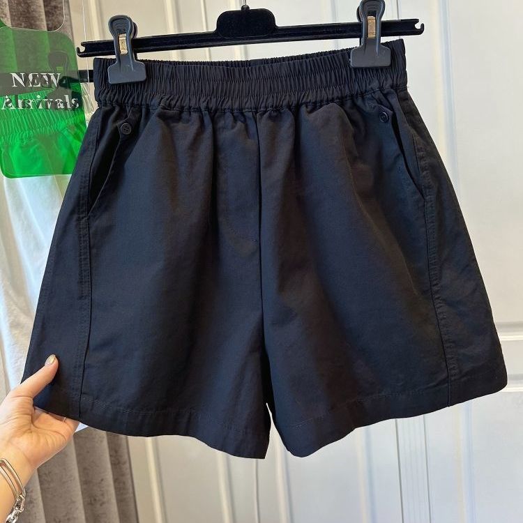 純棉鬆緊腰寬鬆休閒高腰闊腿口袋短褲