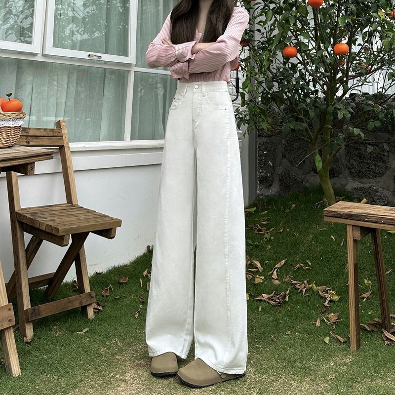 高腰顯瘦寬鬆百搭窄版白色九分闊腿牛仔褲
