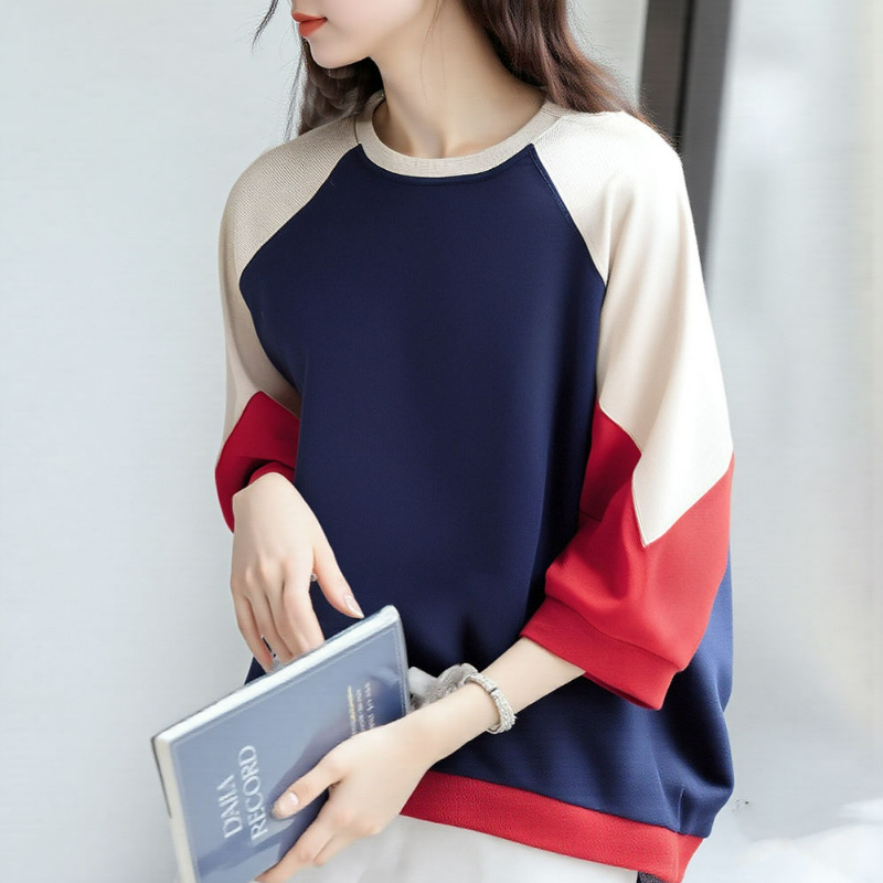 純棉寬鬆圓領文藝休閒五分袖大碼撞色t恤-Cicimode