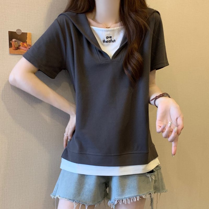 韓系休閒寬鬆翻領假兩件正肩短袖T恤-Cicimode