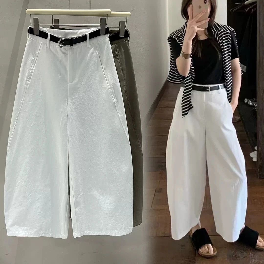 【配皮帶】韓版洋氣高腰顯瘦九分純棉闊腿彎刀褲