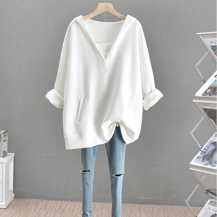 韓系中長款v領連帽拼接假兩件衛衣