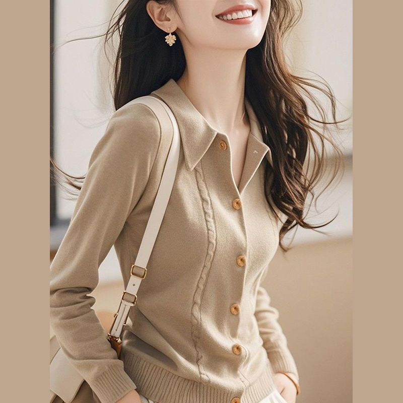 法式氣質百搭翻領顯瘦針織開衫-Cicimode