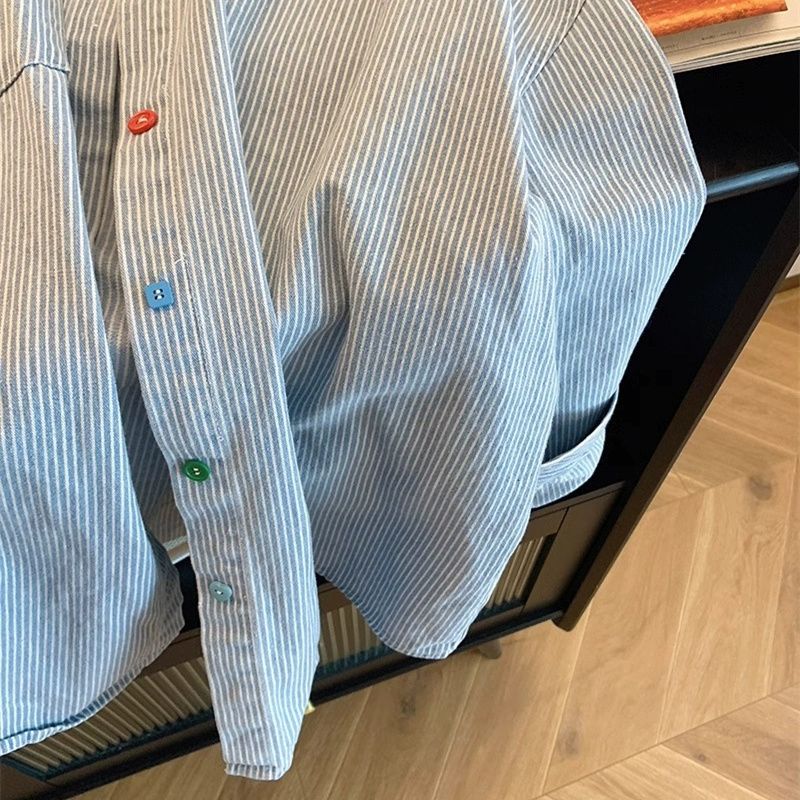 復古簡約條紋oversize寬鬆百搭POLO領襯衫