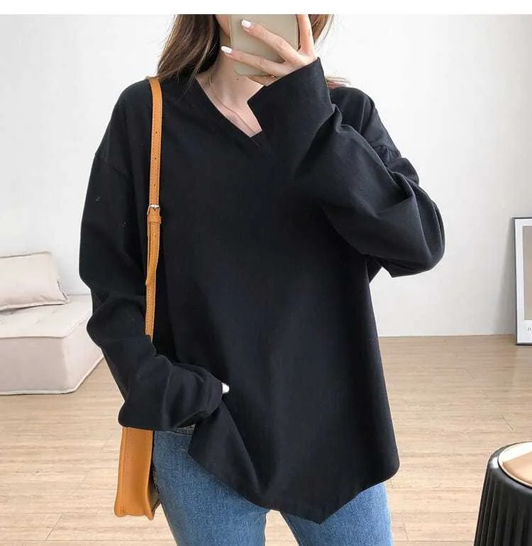 經典百搭！不規則V領顯瘦簡約長袖T恤-Cicimode
