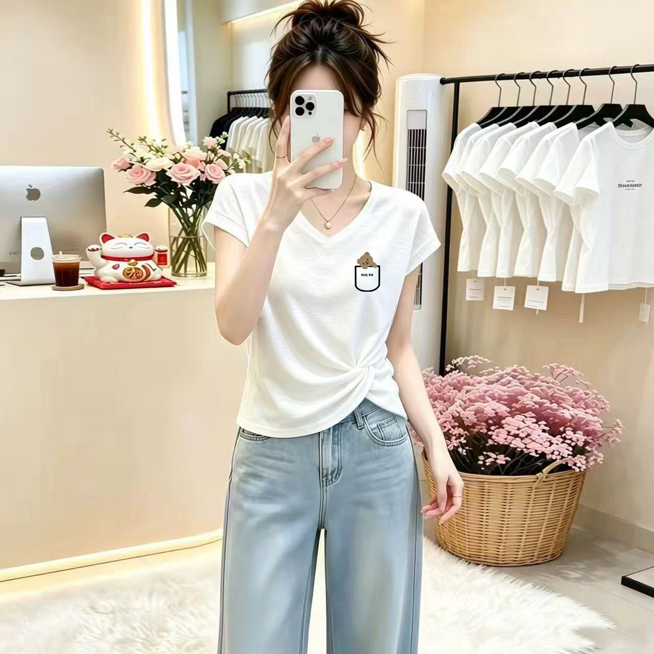 薄款竹節棉V領扭結修身顯瘦簡約印花休閒百搭T恤