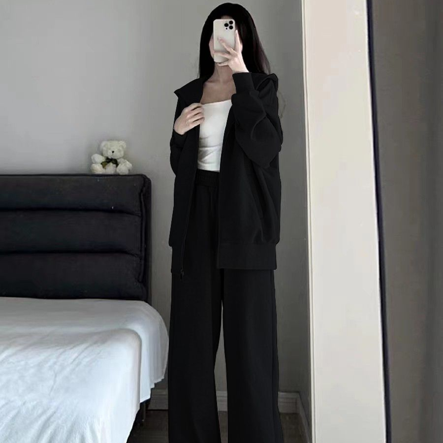 【整套】慵懶風連帽開衫+寬鬆休閑運動褲兩件套裝-Cicimode