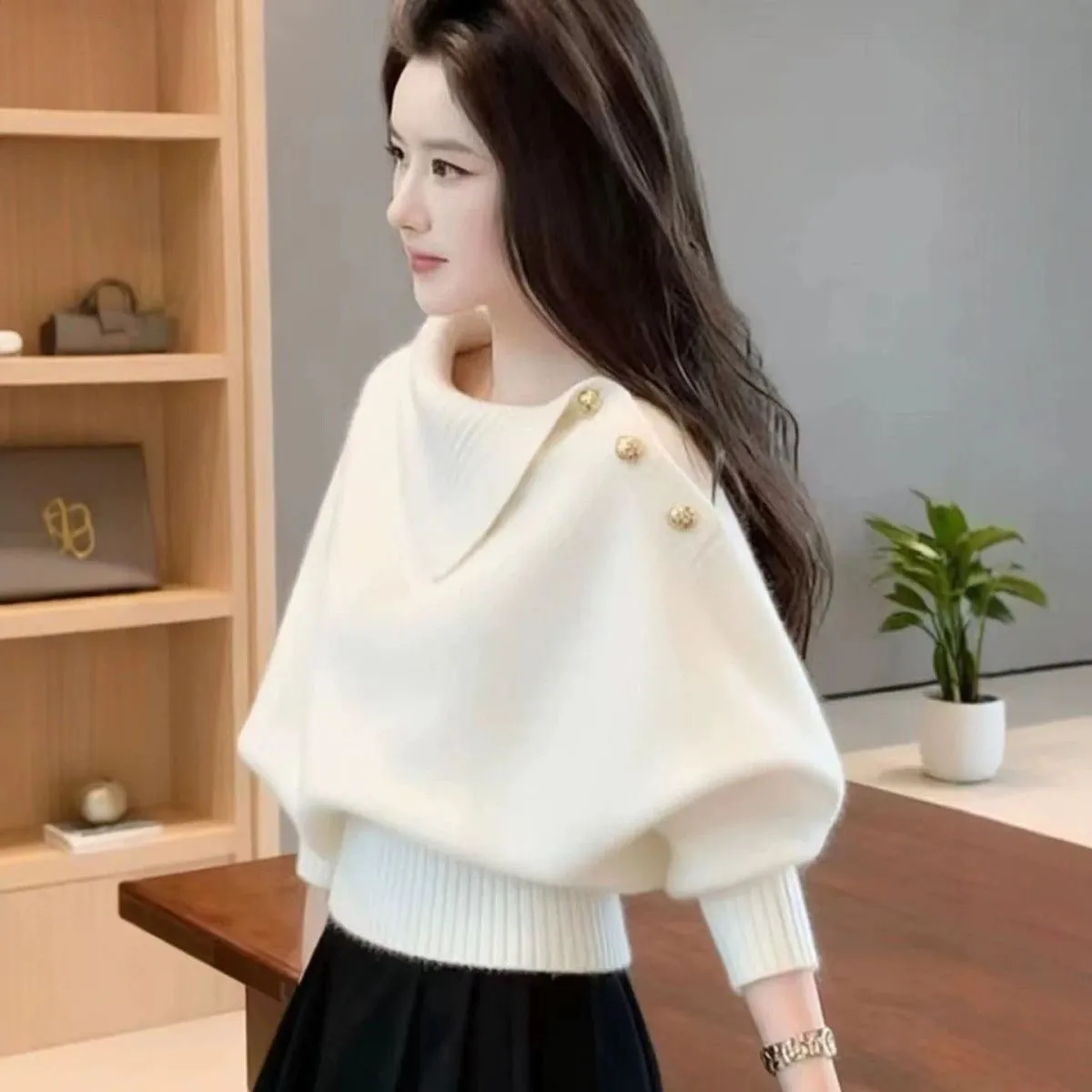 高級感韓系慵懶可外穿不規則翻領針織毛衣-Cicimode