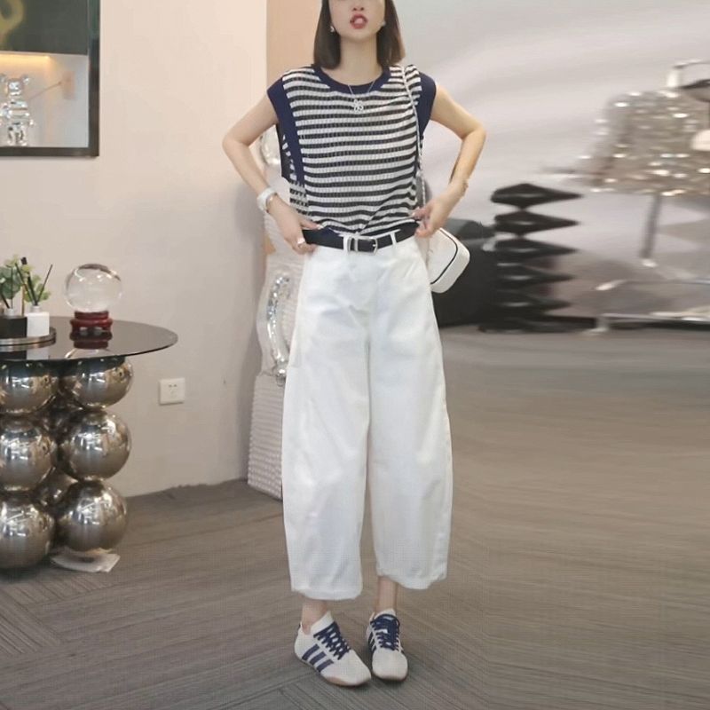 【單件/套裝】寬松顯瘦減齡無袖針織衫+闊腿休閑褲兩件套