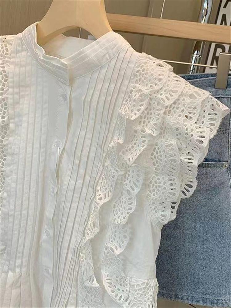 【單件販售】法式重工蕾絲飛飛袖襯衫+復古水洗A字牛仔短褲