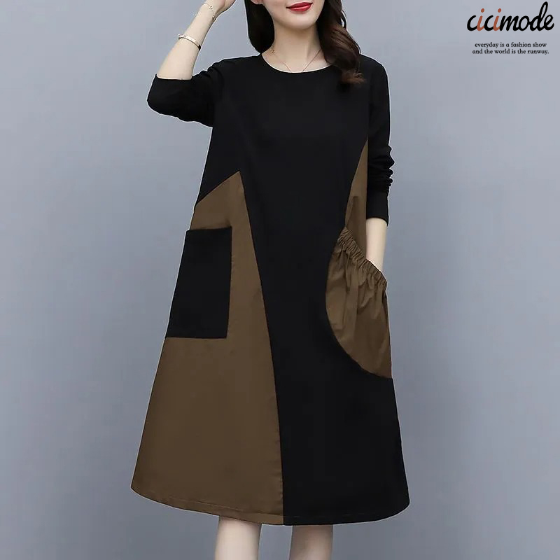 洋氣減齡寬鬆遮肚撞色拼接長袖連身裙-Cicimode