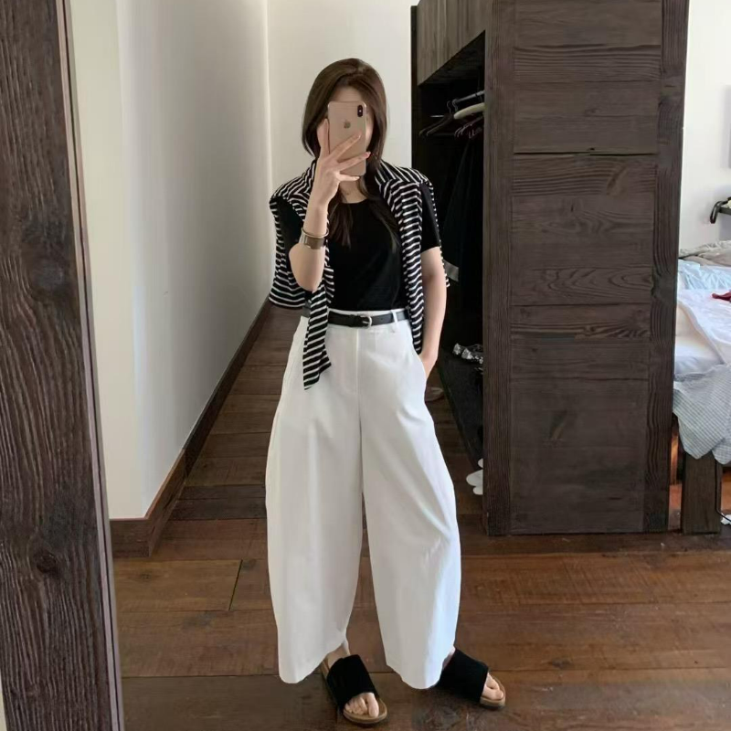【配皮帶】韓版洋氣高腰顯瘦九分純棉闊腿彎刀褲