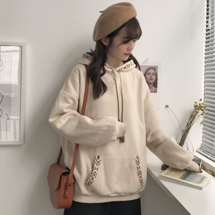 設計感寬鬆民族風口袋抽繩印花連帽衛衣