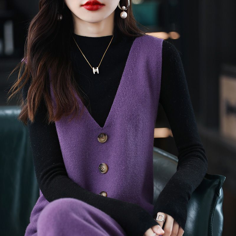 背心裙寬鬆針織無袖V領中長款馬甲連身裙