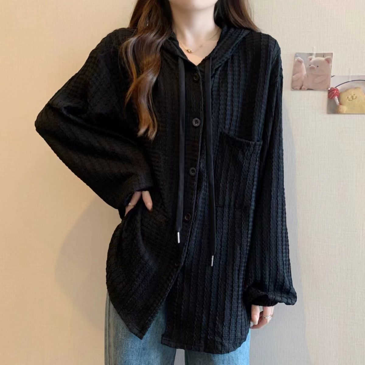 大碼顯瘦中長版休閒外套連帽長袖襯衫