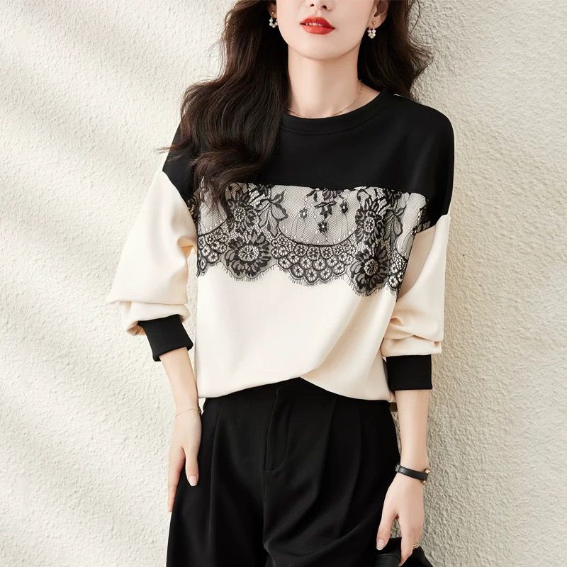 蕾絲拼接寬鬆圓領設計感撞色減齡長袖T恤-Cicimode
