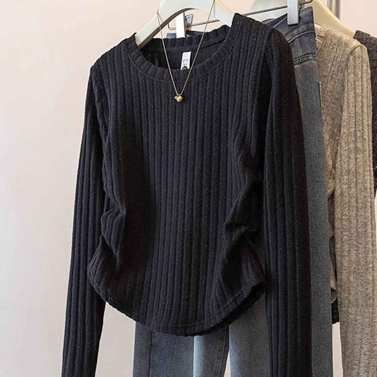 韓版褶皺收腰修身內搭坑條長袖T恤-Cicimode