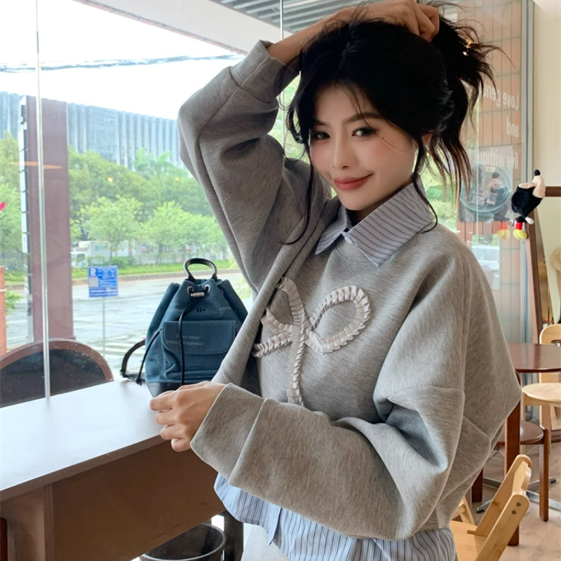 【整套】POLO領條紋拼接長袖衛衣+高腰包臀半裙兩件套裝-Cicimode