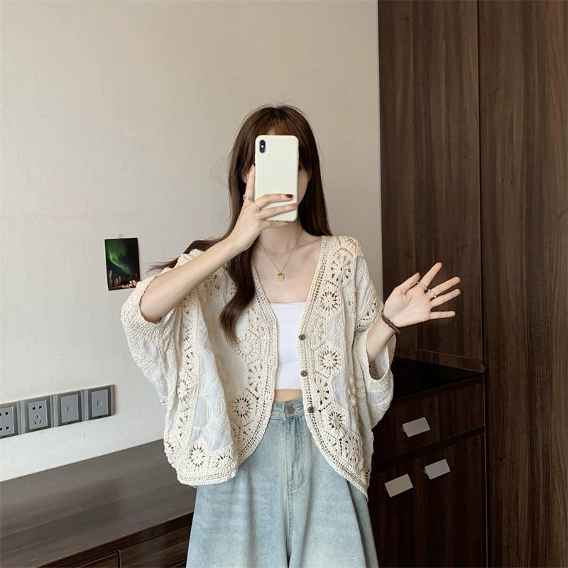 波西米亞風鉤花鏤空V領大碼防曬開衫襯衫-Cicimode