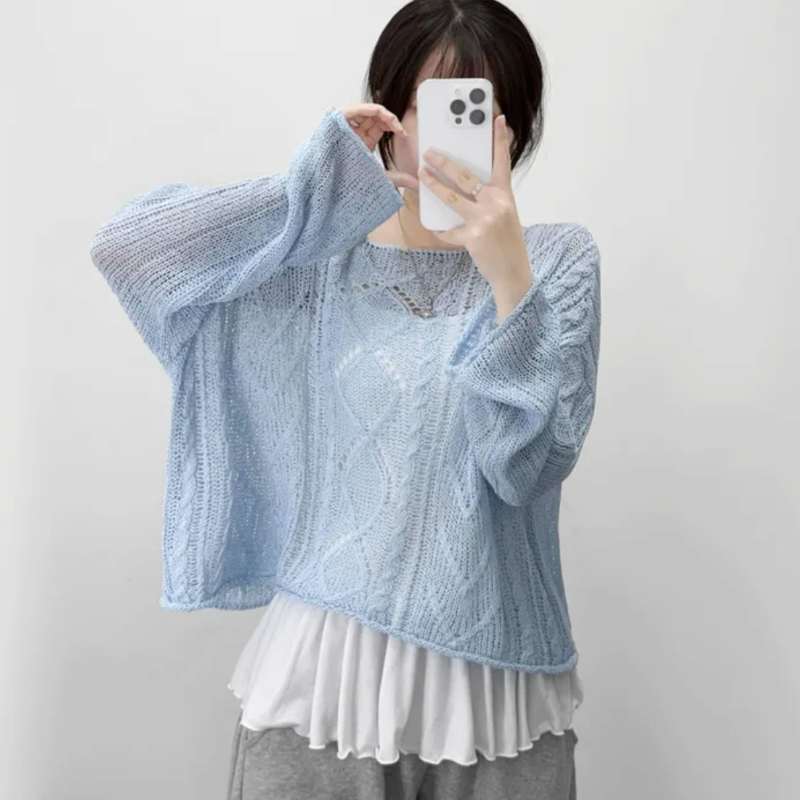 一字露肩麻花薄款鏤空長袖罩衫針織衫-Cicimode