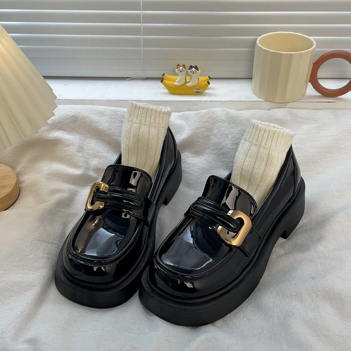 英倫風復古百搭厚底樂福鞋小皮鞋圓頭單鞋