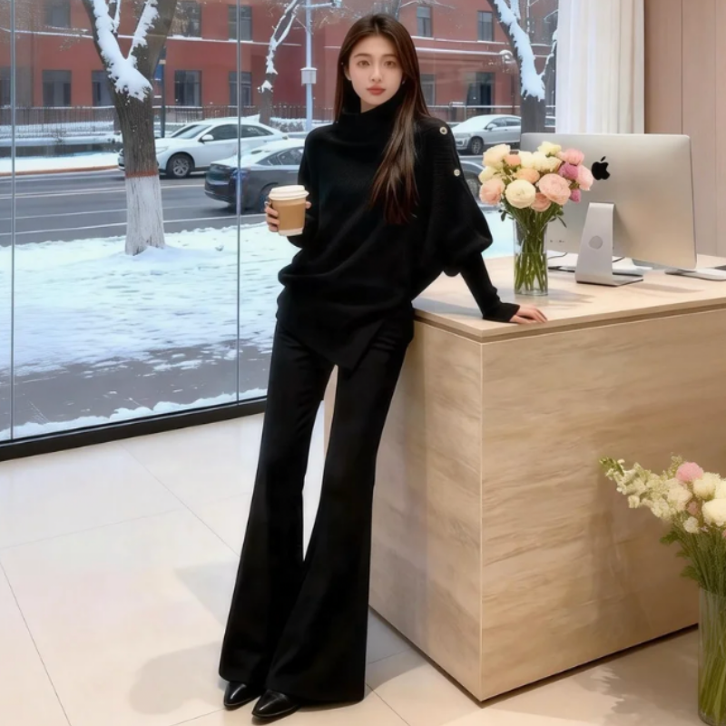 法式復古不規則設計修身打底高領針織毛衣-Cicimode