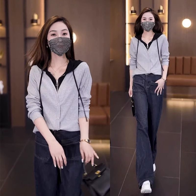 【單件/套裝】時尚高級假兩件連帽T+百搭休閒牛仔褲兩件套裝