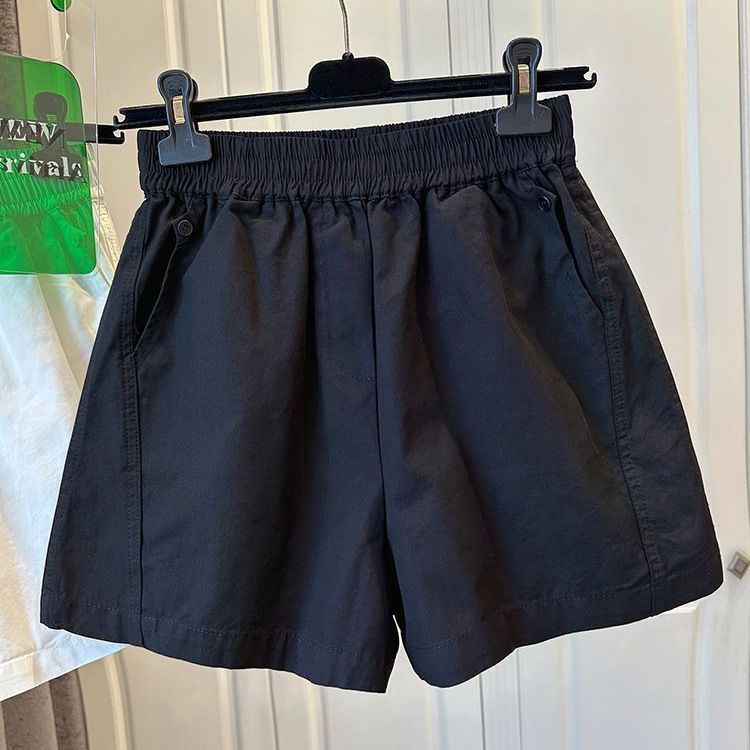 純棉鬆緊腰寬鬆休閒高腰闊腿口袋短褲