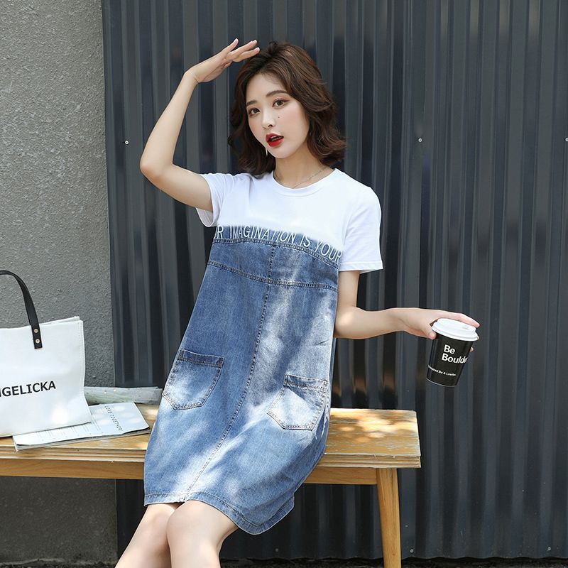 顯瘦氣質設計感T恤拼接牛仔寬鬆洋裝