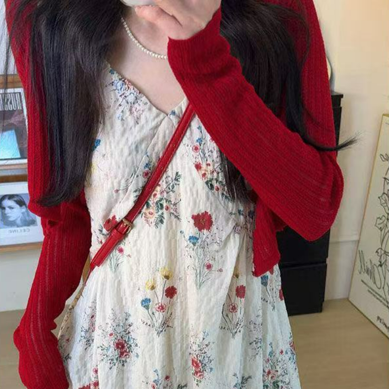 【單件/套裝】法式甜美風大碼碎花吊帶洋裝+薄款防曬開衫兩件套