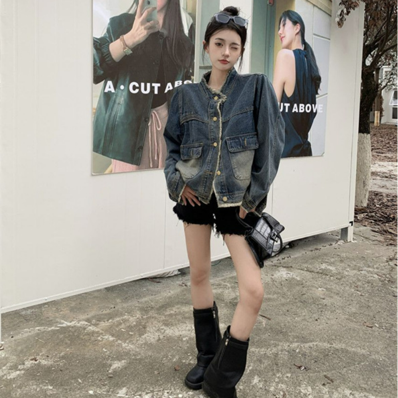 寬鬆顯瘦設計港風復古毛邊夾克水洗牛仔外套