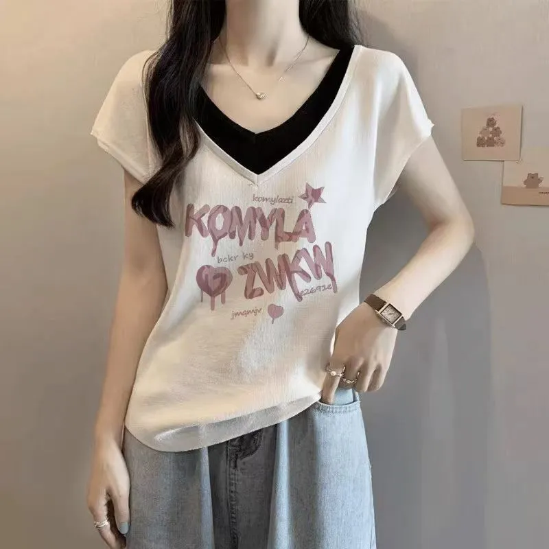 純棉多款式洋氣寬鬆大碼顯瘦V領假兩件短袖T恤-Cicimode