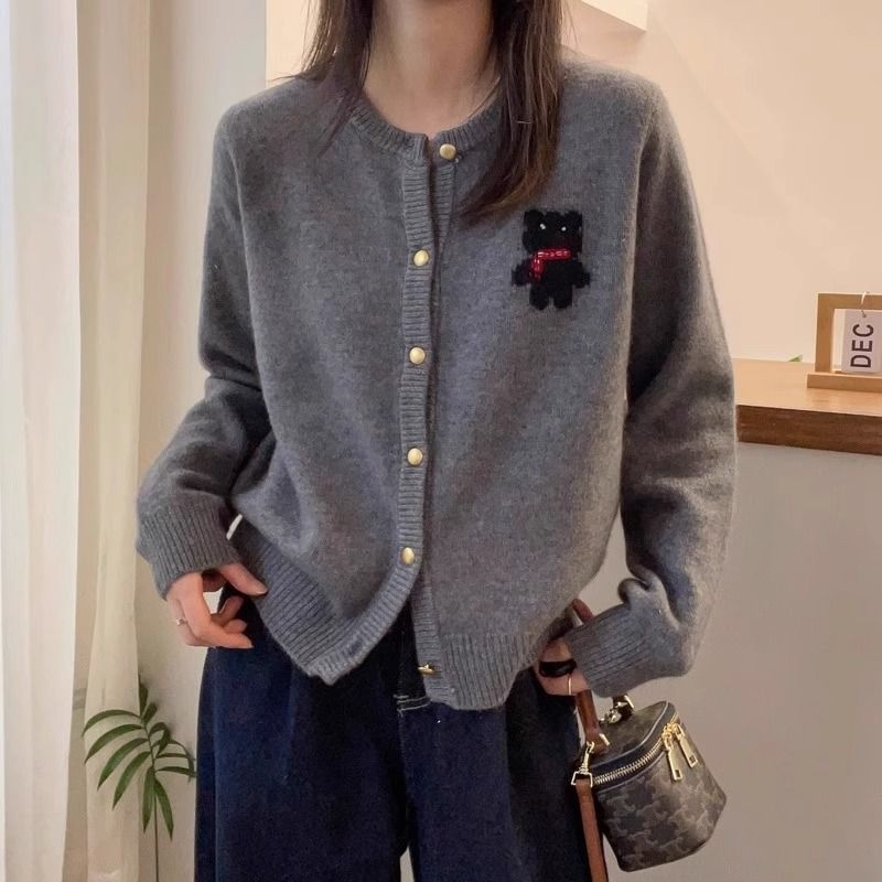 韓版百搭圓領紅色毛衣外套小熊針織開衫