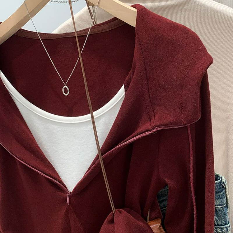 美式辣妹假兩件抽褶顯瘦連帽長袖t恤