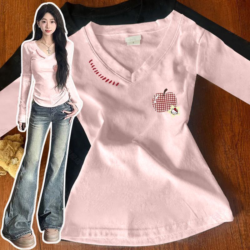 潮流字母印花修身顯瘦v領長袖T恤-Cicimode