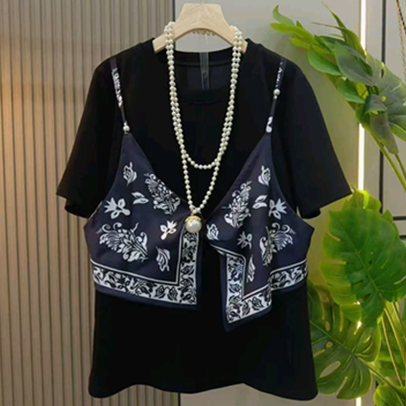 寬鬆百搭顯瘦別緻絲巾吊帶設計感假兩件T恤