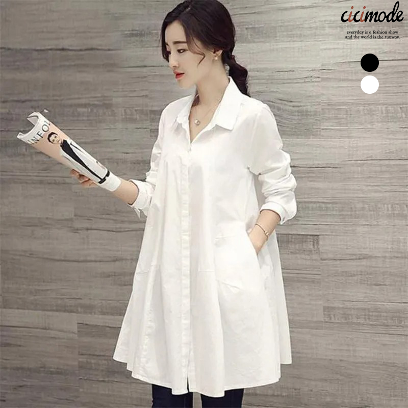 簡約百搭寬鬆顯瘦淑女風純色中長款襯衫-Cicimode