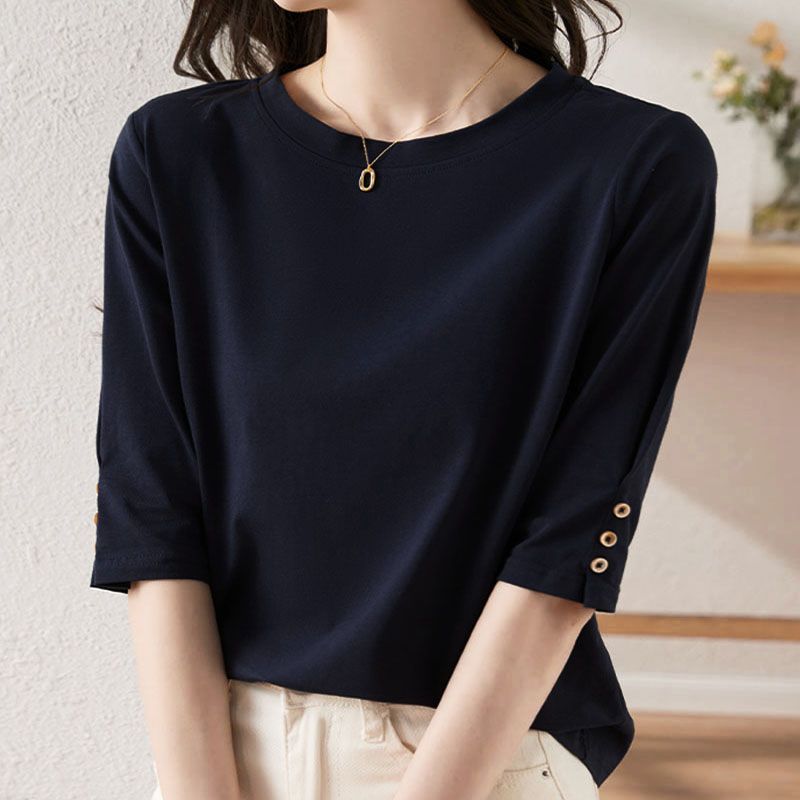 紐扣設計時尚休閒百搭顯瘦圓領七分中袖T恤