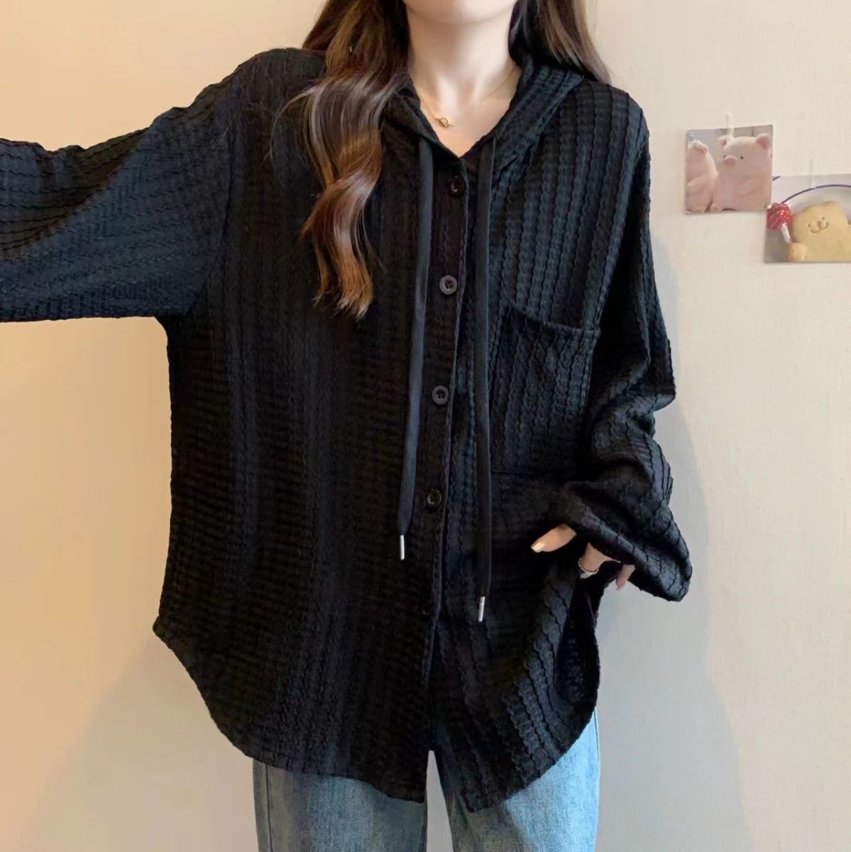 大碼顯瘦中長版休閒外套連帽長袖襯衫