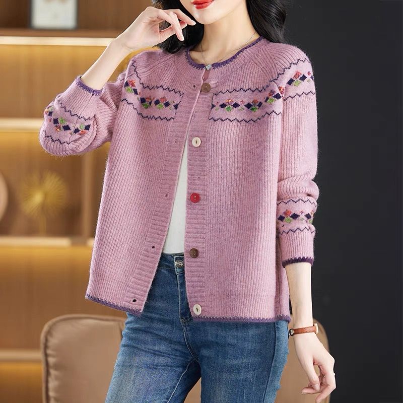 氣質休閒減齡復古寬鬆花紗針織開衫-Cicimode