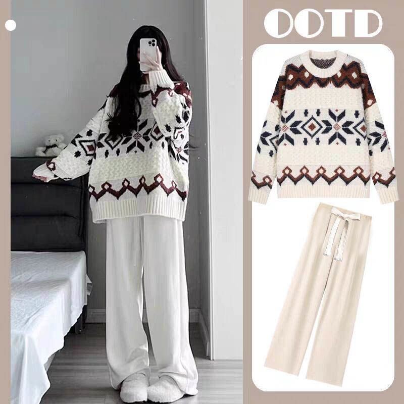 【單件/套裝】寬鬆拼色復古提花套頭毛衣+休閒闊腿褲兩件套-Cicimode
