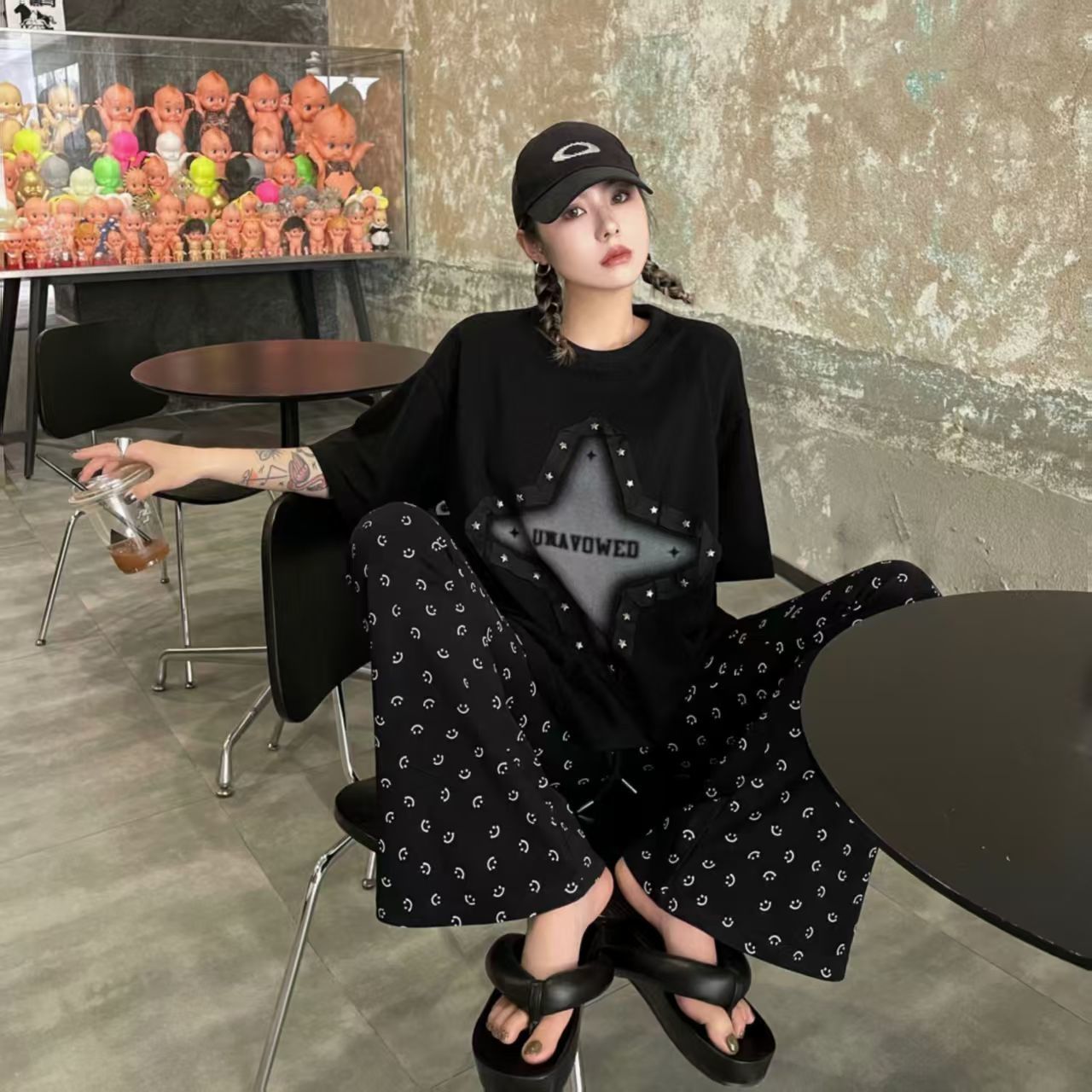 甜美印花波西米亞吸濕排汗寬鬆休閒闊腿九分褲