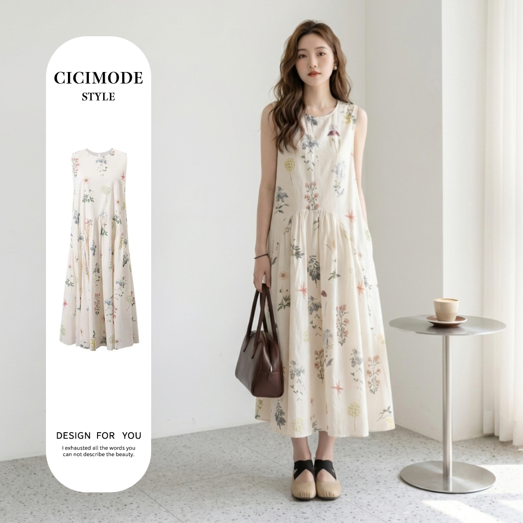 法式茶歇圓領碎花氣質寬鬆顯瘦無袖洋裝