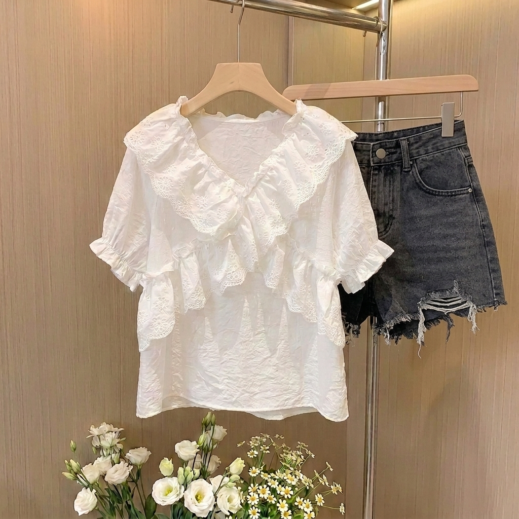【單件販售】甜美減齡荷葉邊v領雪紡短袖+高腰a字顯瘦牛仔短褲兩件套裝